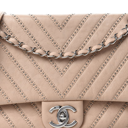 Chanel Calfskin Studded Chevron Quilted Medium Wars Flap Beige 11 of 12