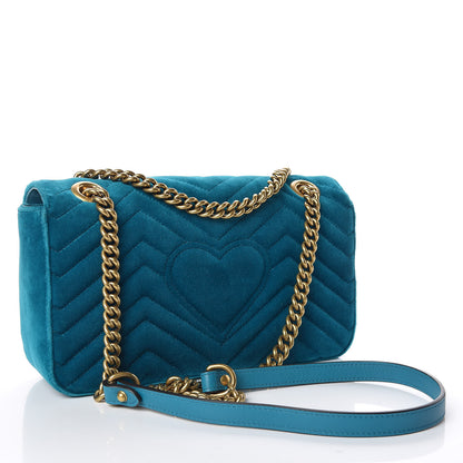 Gucci Velvet Matelasse Small GG Marmont Shoulder Bag Pavone Cyan 3 of 9