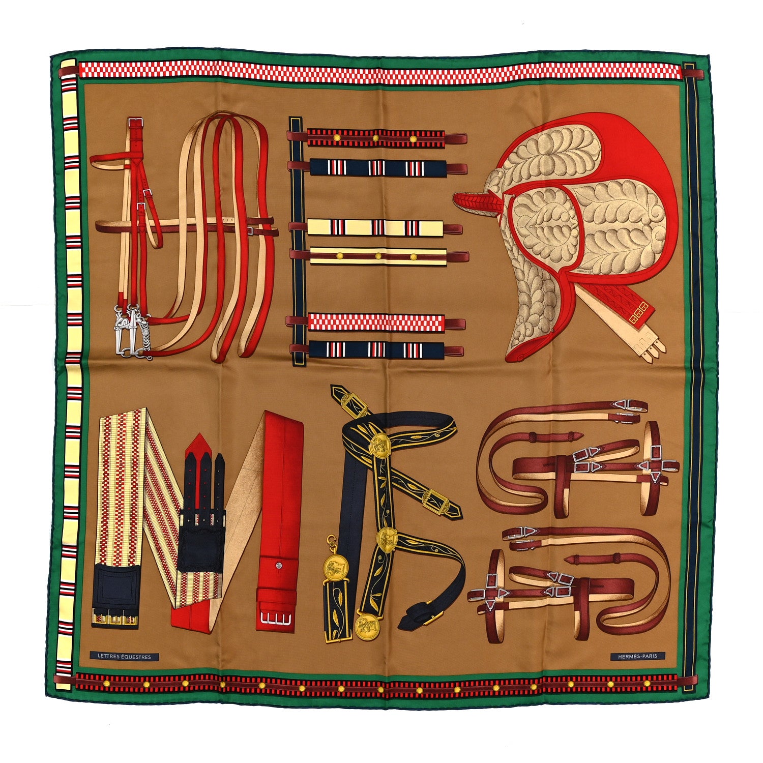 Hermes Silk Lettres Equestre Scarf 90 Tabac Vert Rouge 1 of 5