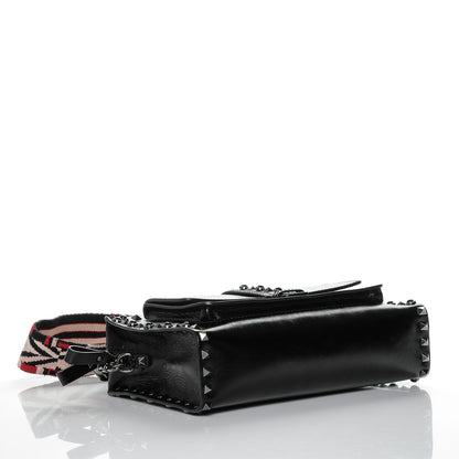 Valentino Garavani Craquele Calfskin Small Guitar Strap Rockstud Rolling Flap Pocket Shoulder Bag Black 4 of 6