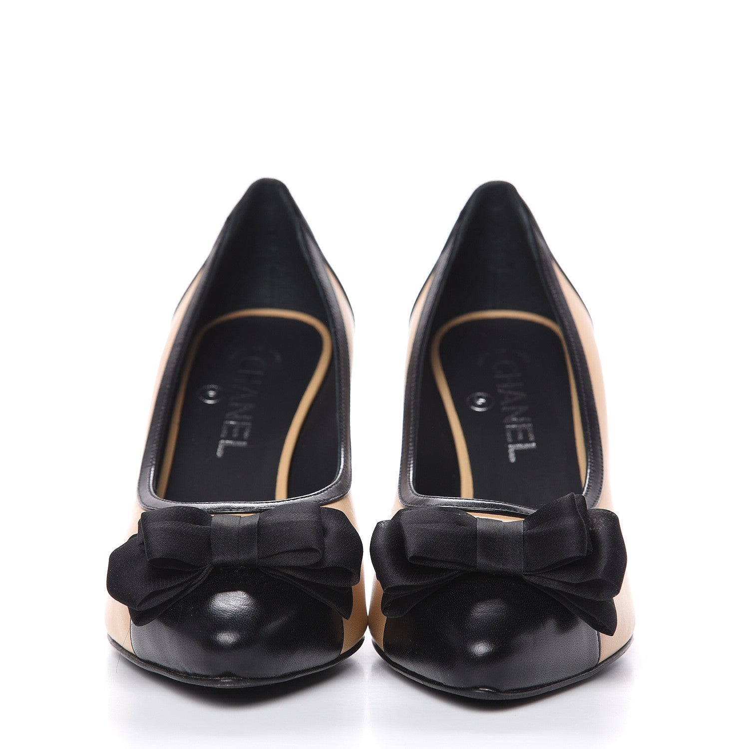 Chanel Lambskin Cap Toe Bow Pumps 38 Beige Black 2 of 12