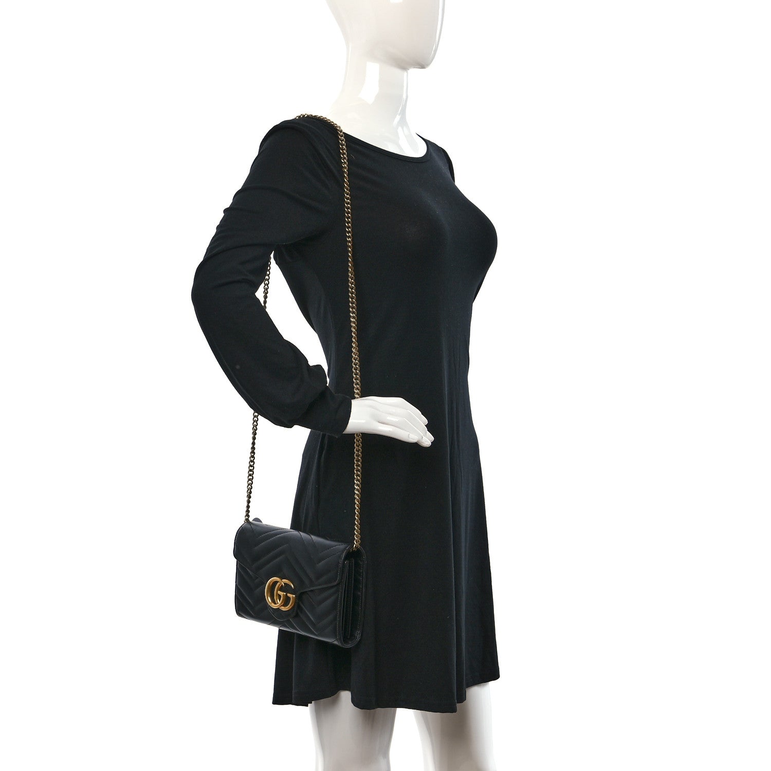 Gucci Calfskin Matelasse GG Marmont Chain Wallet Black 2 of 9