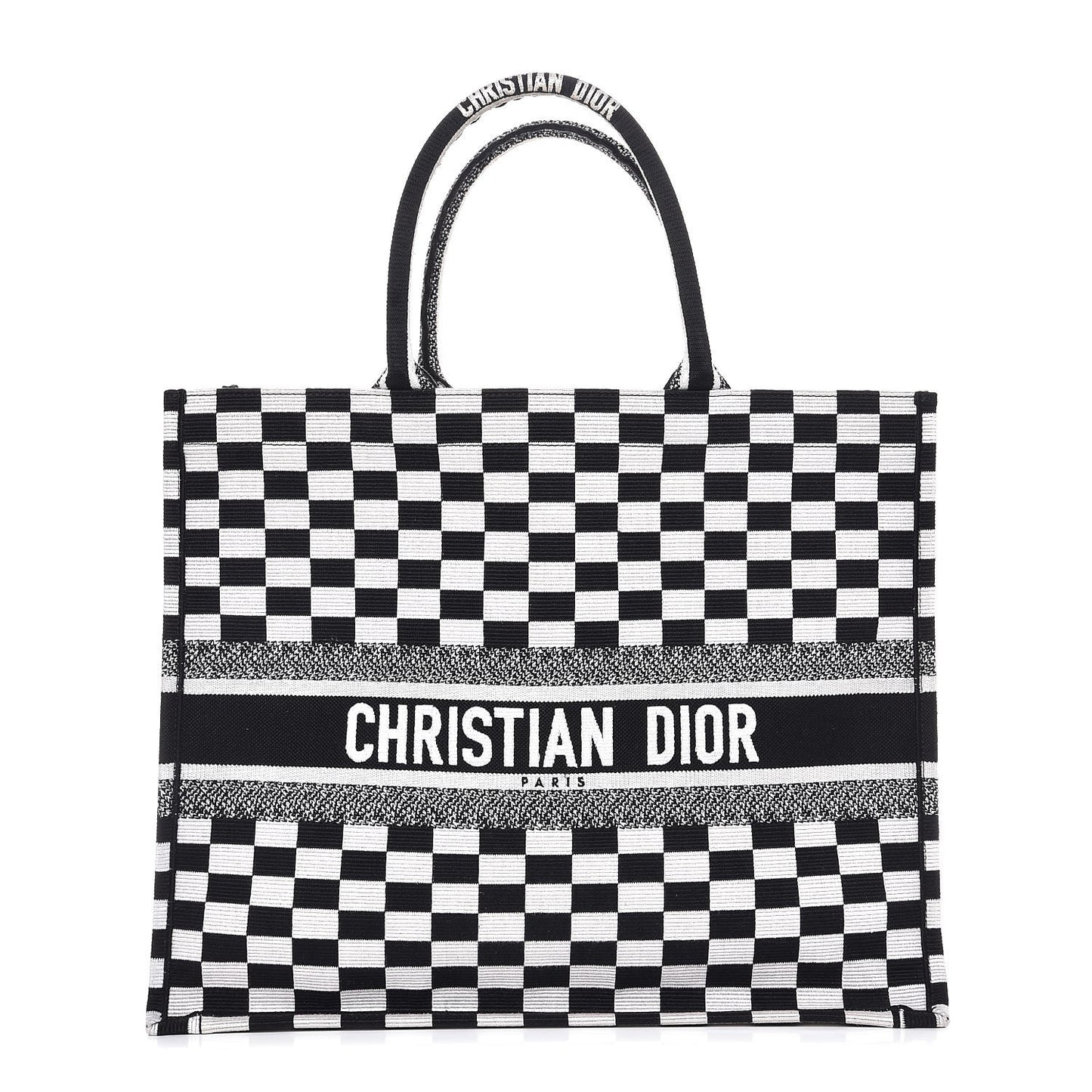 Canvas Embroidered Checkered Book Tote Black White