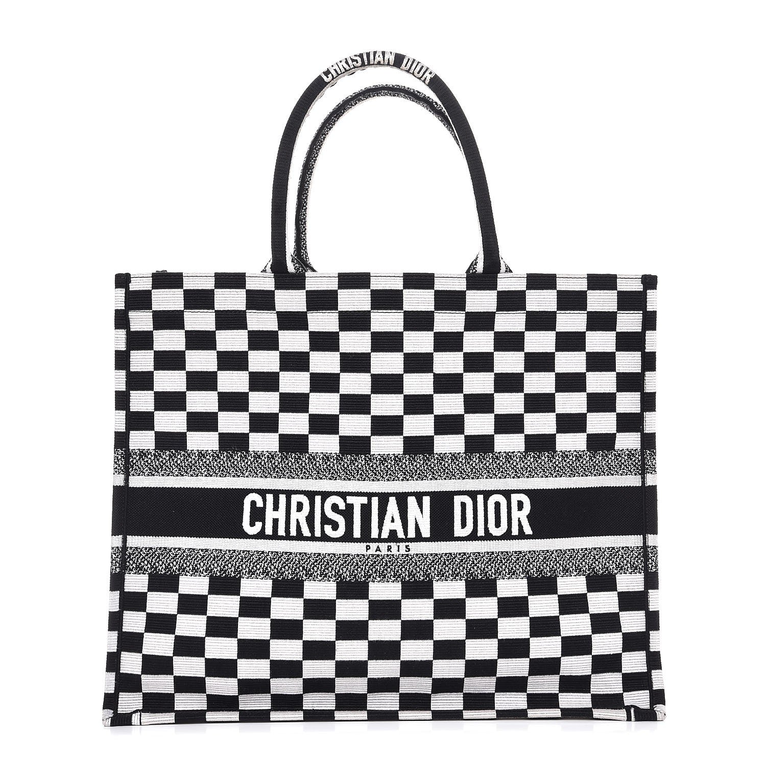 Christian Dior Canvas Embroidered Checkered Book Tote Black White 1 of 10
