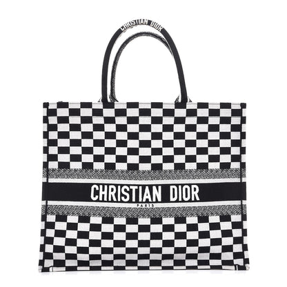 Christian Dior Canvas Embroidered Checkered Book Tote Black White 1 of 10