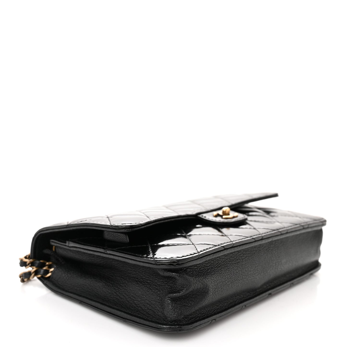 Patent Goatskin Quilted CC Eyelet Wallet On Chain WOC Black