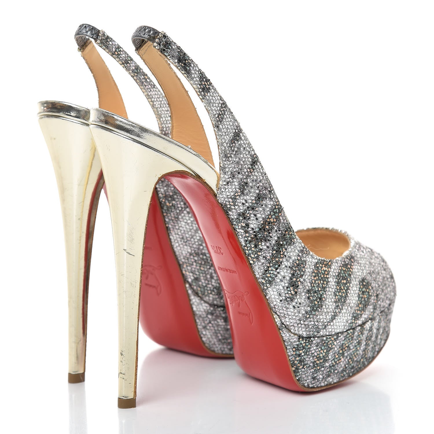 Christian Louboutin Glitter Sirene Lady Peep Sling 150 Pumps 37.5 Silver Light Gold 4 of 19