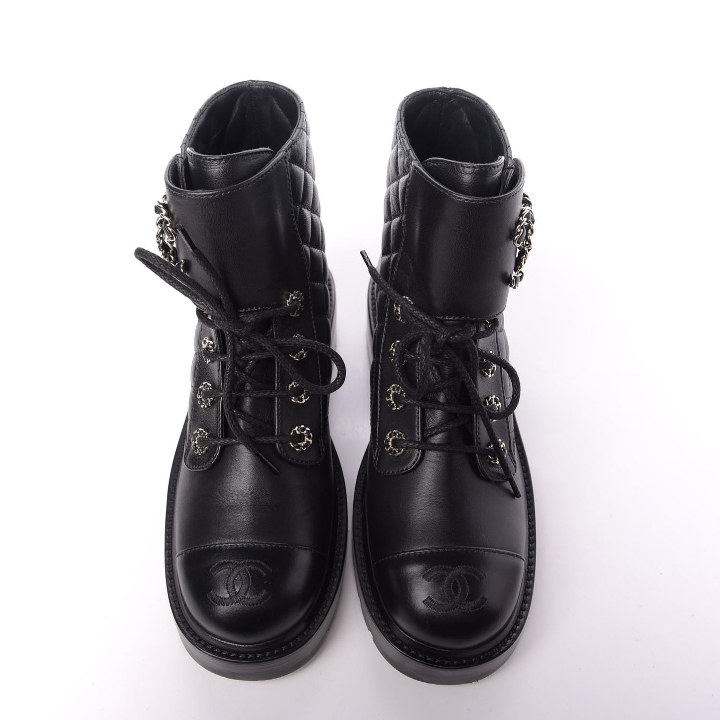 Shiny Lambskin Quilted Lace Up Combat Boots 38 Black