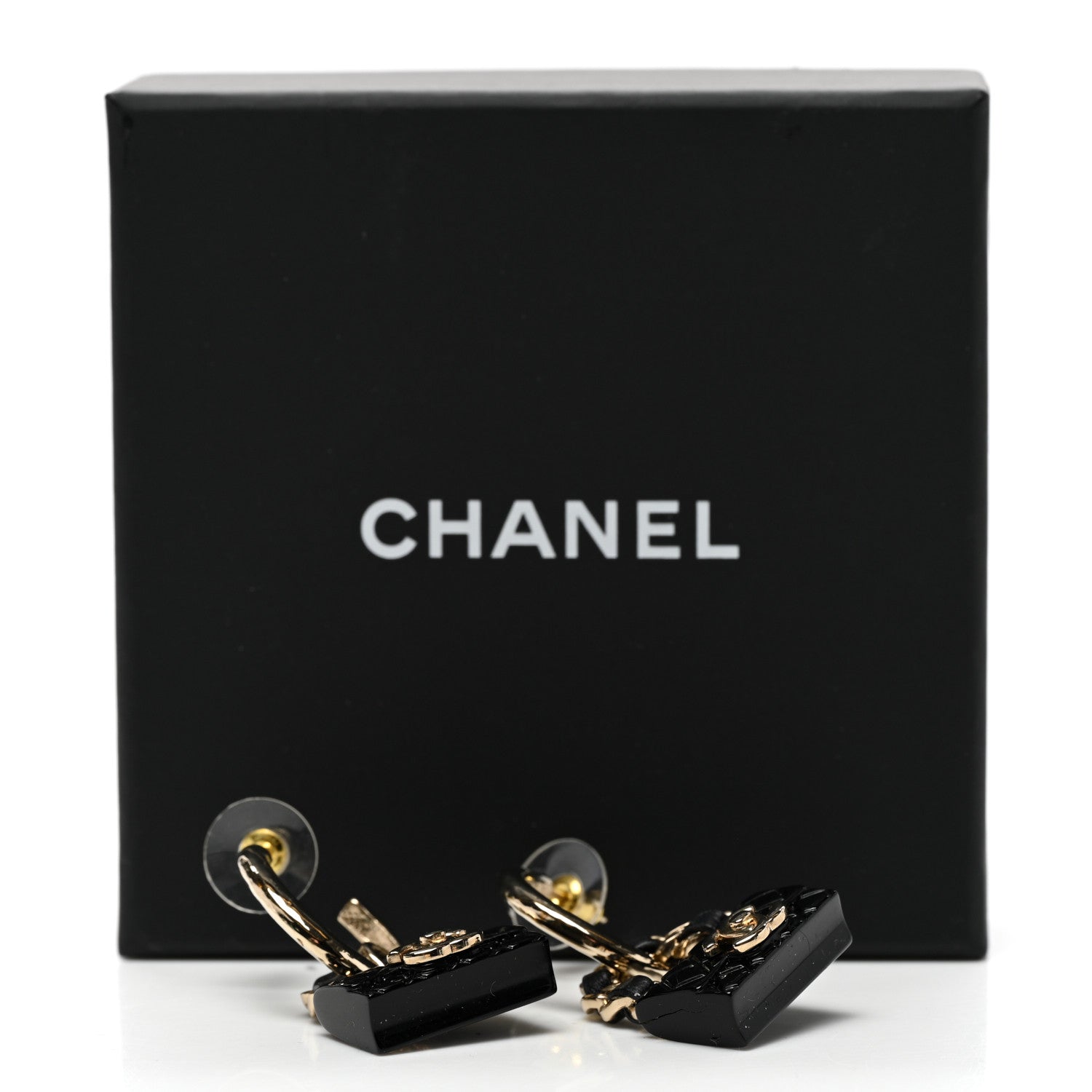 Chanel Metal Resin Lambskin Quilted CC Turnlock Chain Bag Hoop Earrings Black Gold 5 of 5