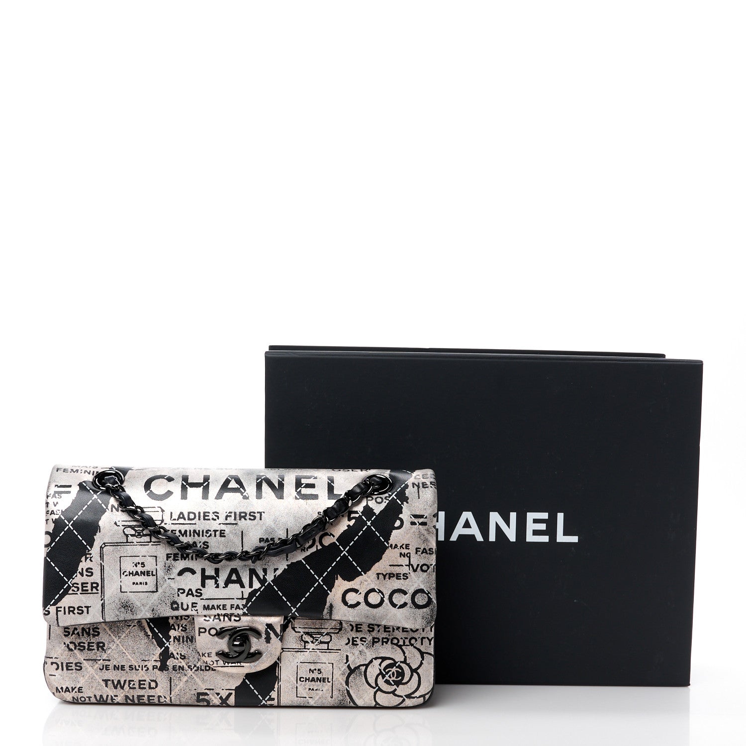 Chanel Metallic Lambskin Painted Feministe Newsprint Medium Double Flap So Black 15 of 15