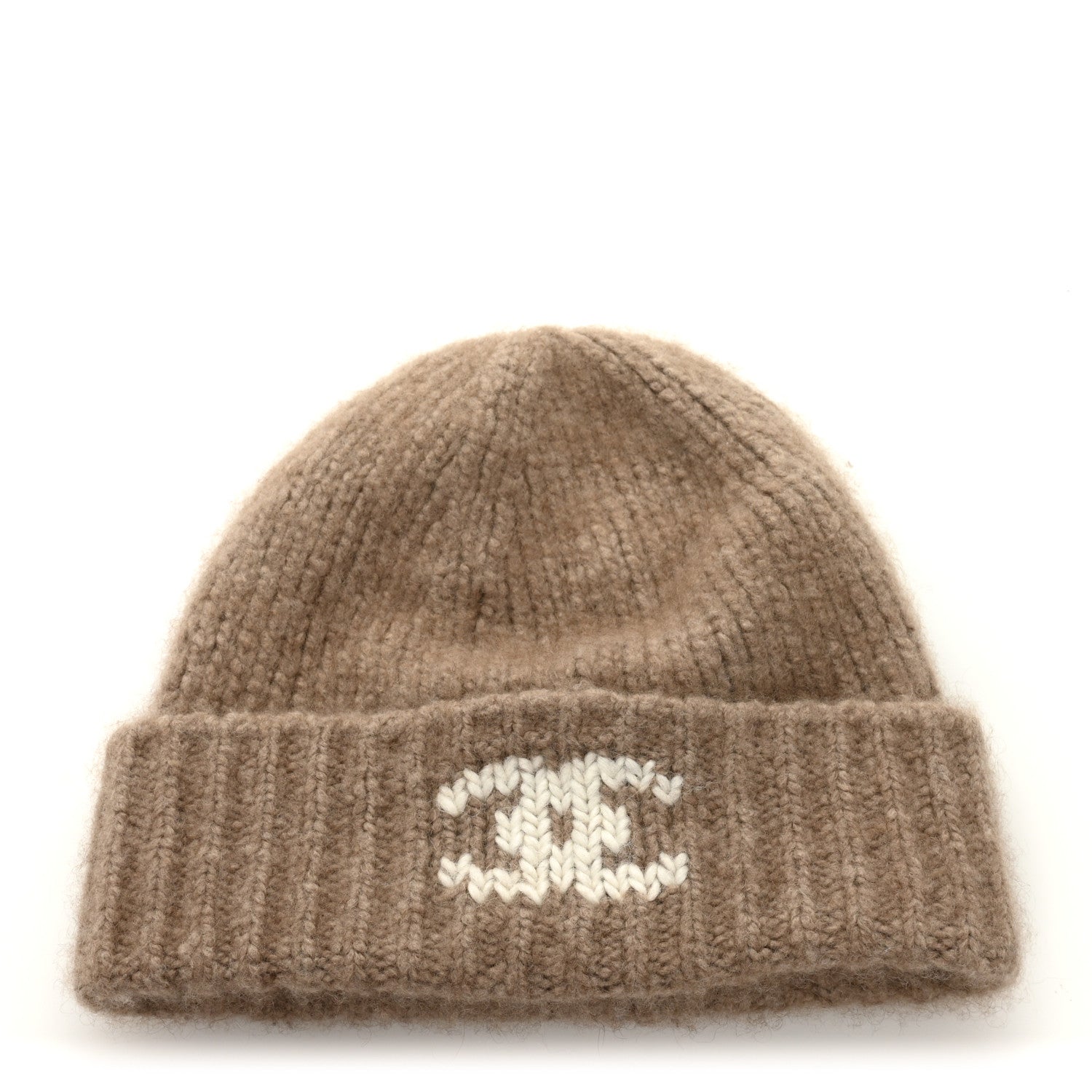 Chanel Cashmere CC Beanie Hat Beige White 1 of 5