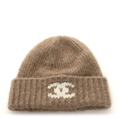 Chanel Cashmere CC Beanie Hat Beige White 1 of 5