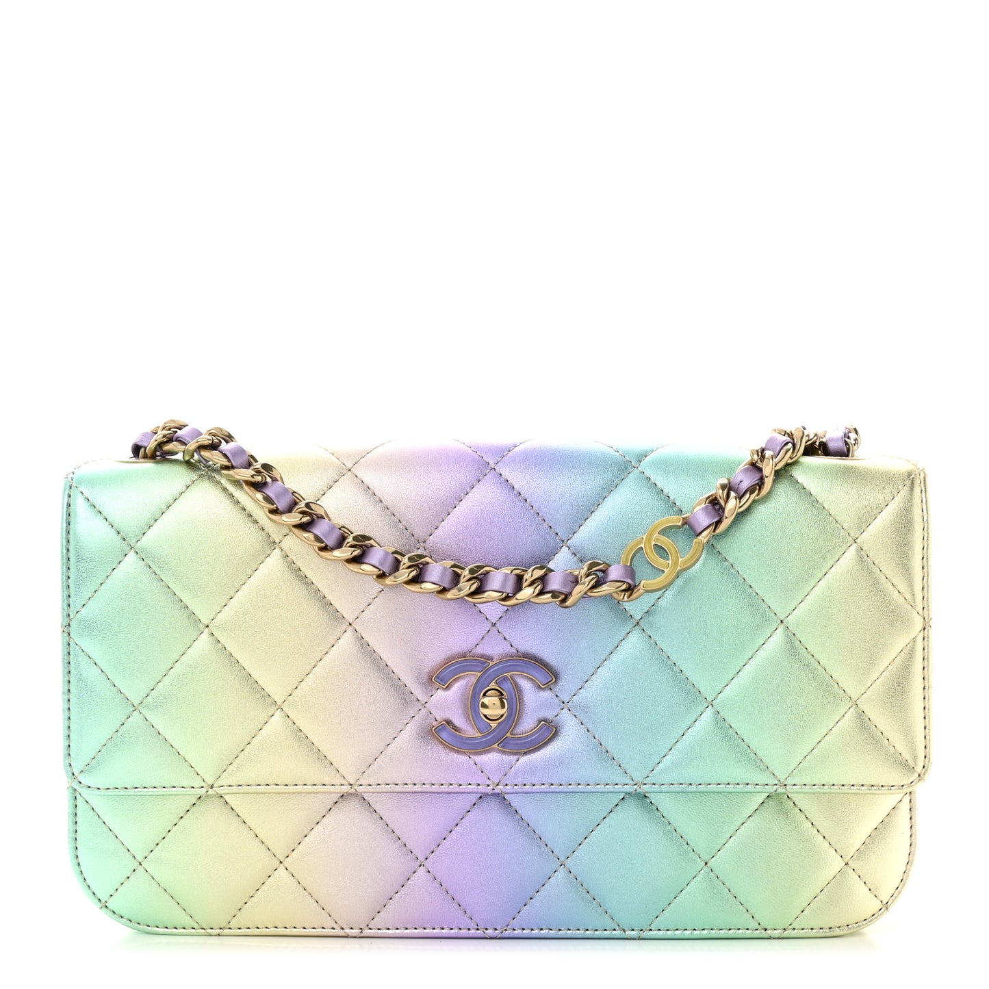 Gradient Metallic Lambskin Quilted Walking Mood Flap Bag Pink Purple Green