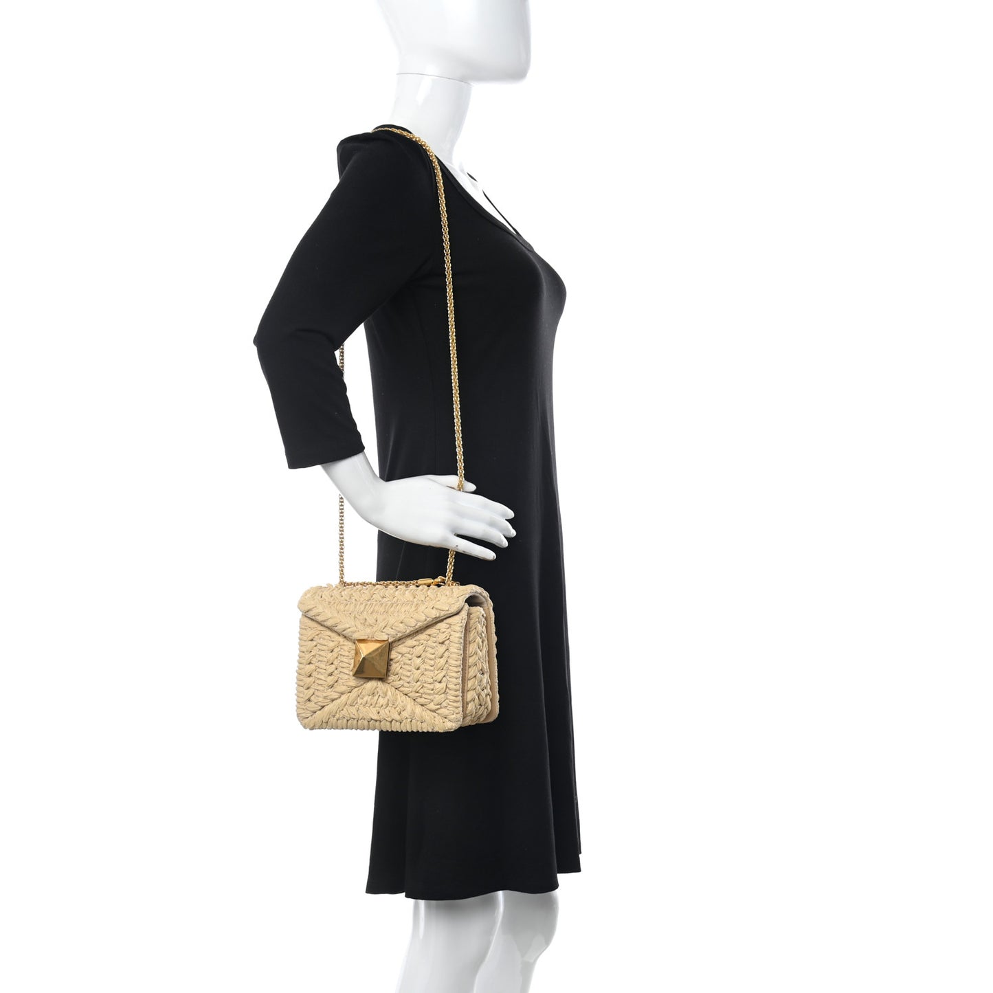 Raffia One Stud Chain Clutch Natural