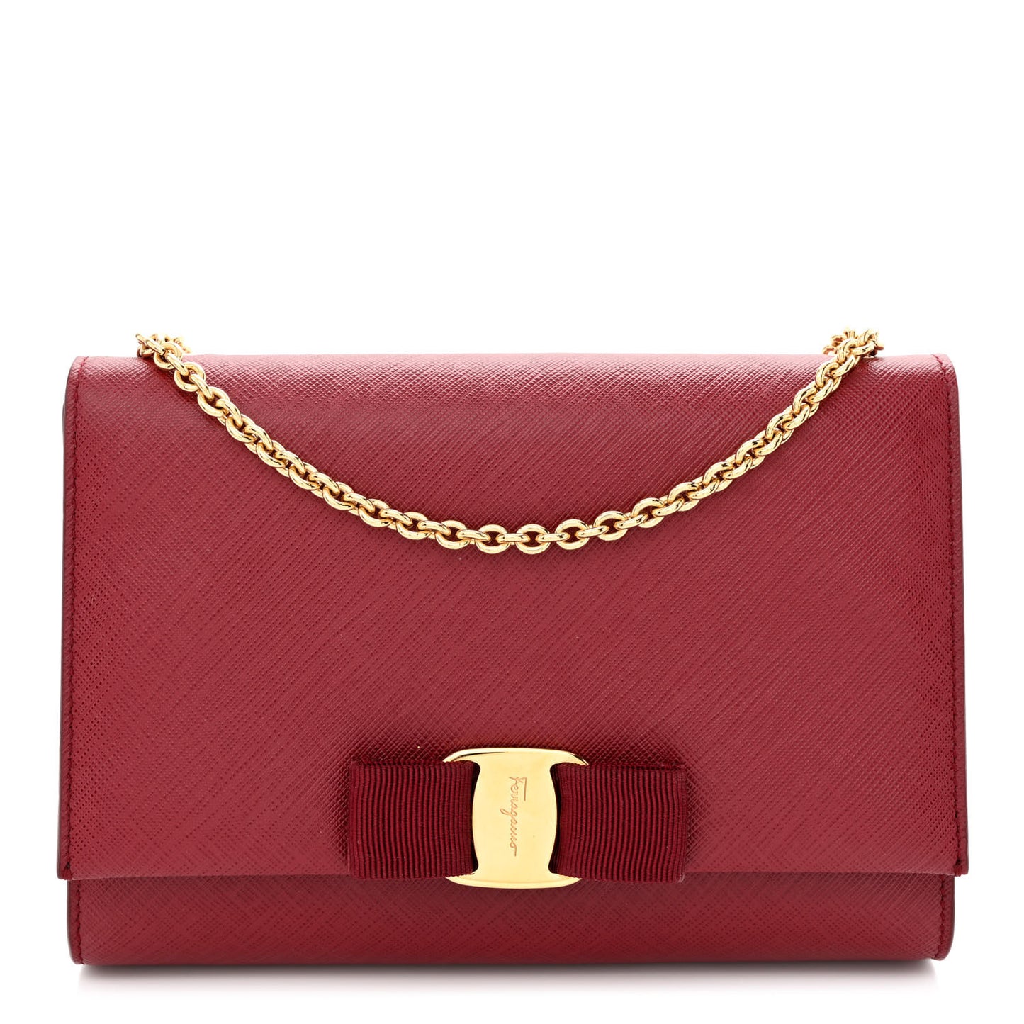 Hammered Calfskin Vara Bow Chain Wallet Red