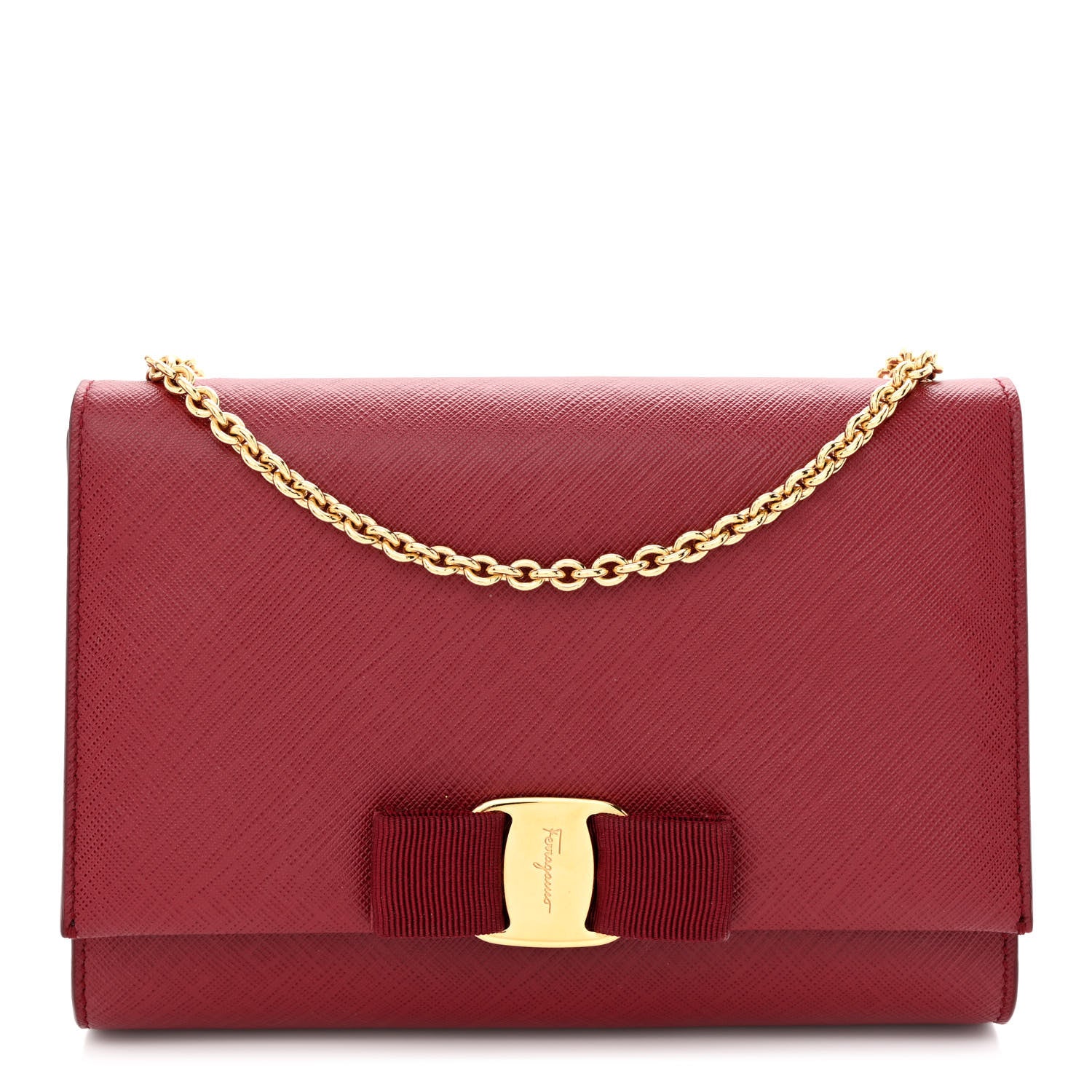 Salvatore Ferragamo Hammered Calfskin Vara Bow Chain Wallet Red 1 of 10