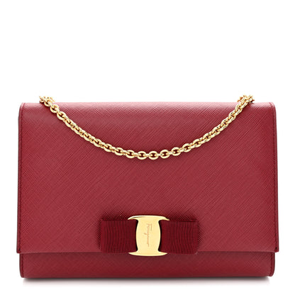 Salvatore Ferragamo Hammered Calfskin Vara Bow Chain Wallet Red 1 of 10