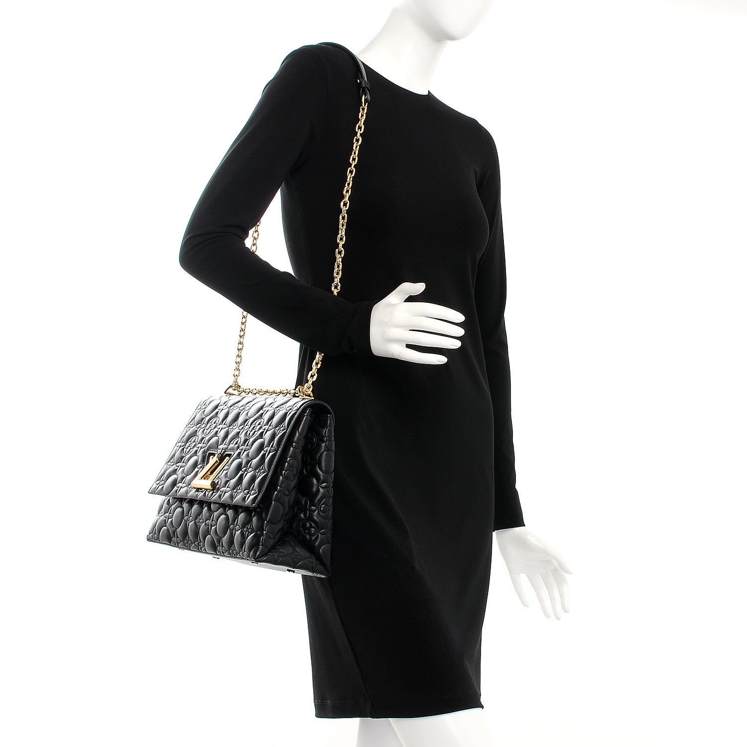 Louis Vuitton Lambskin Flower Quilted Twist Shoulder Bag GM Black 2 of 6