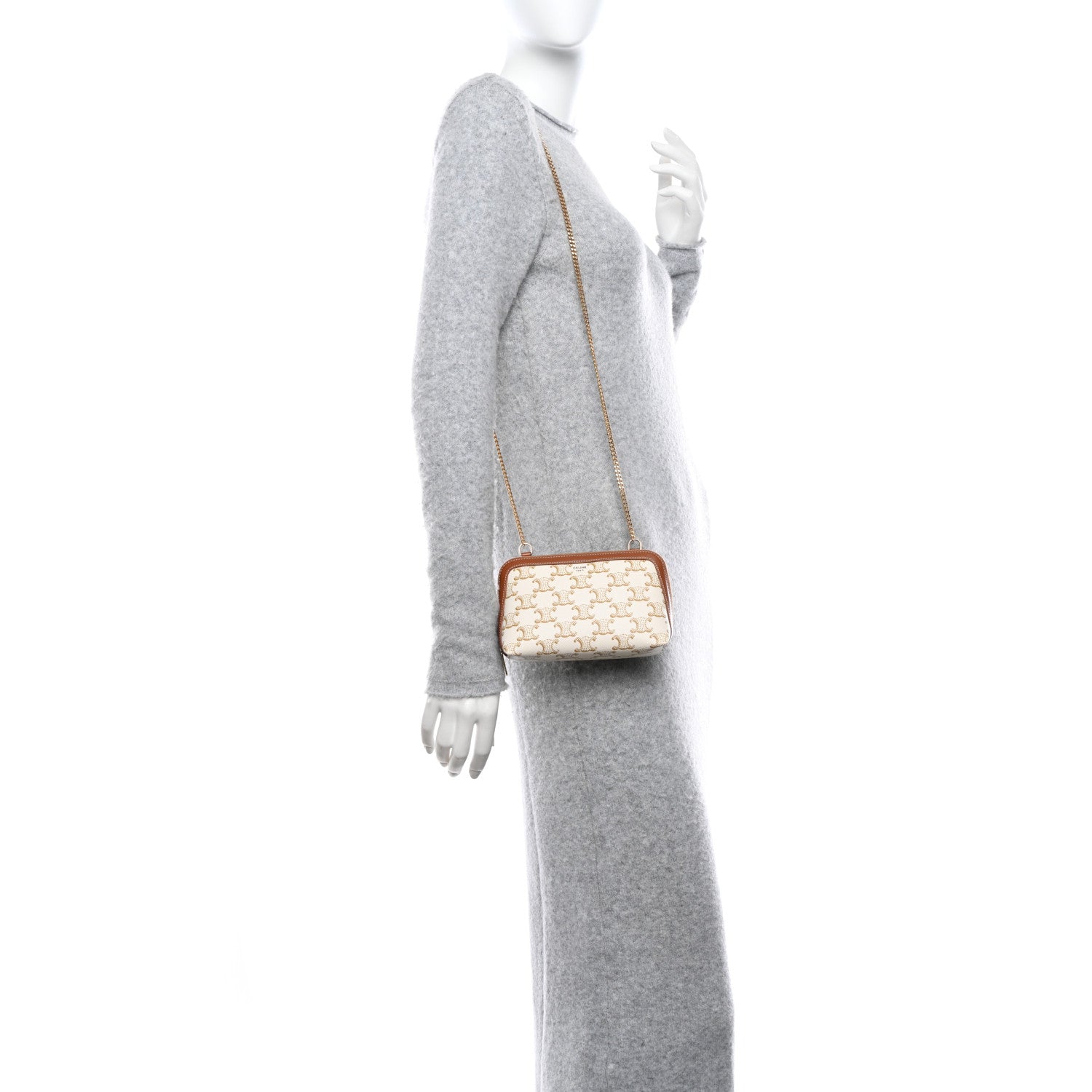 Celine Lambskin Triomphe Canvas Clutch With Chain White Tan 2 of 10