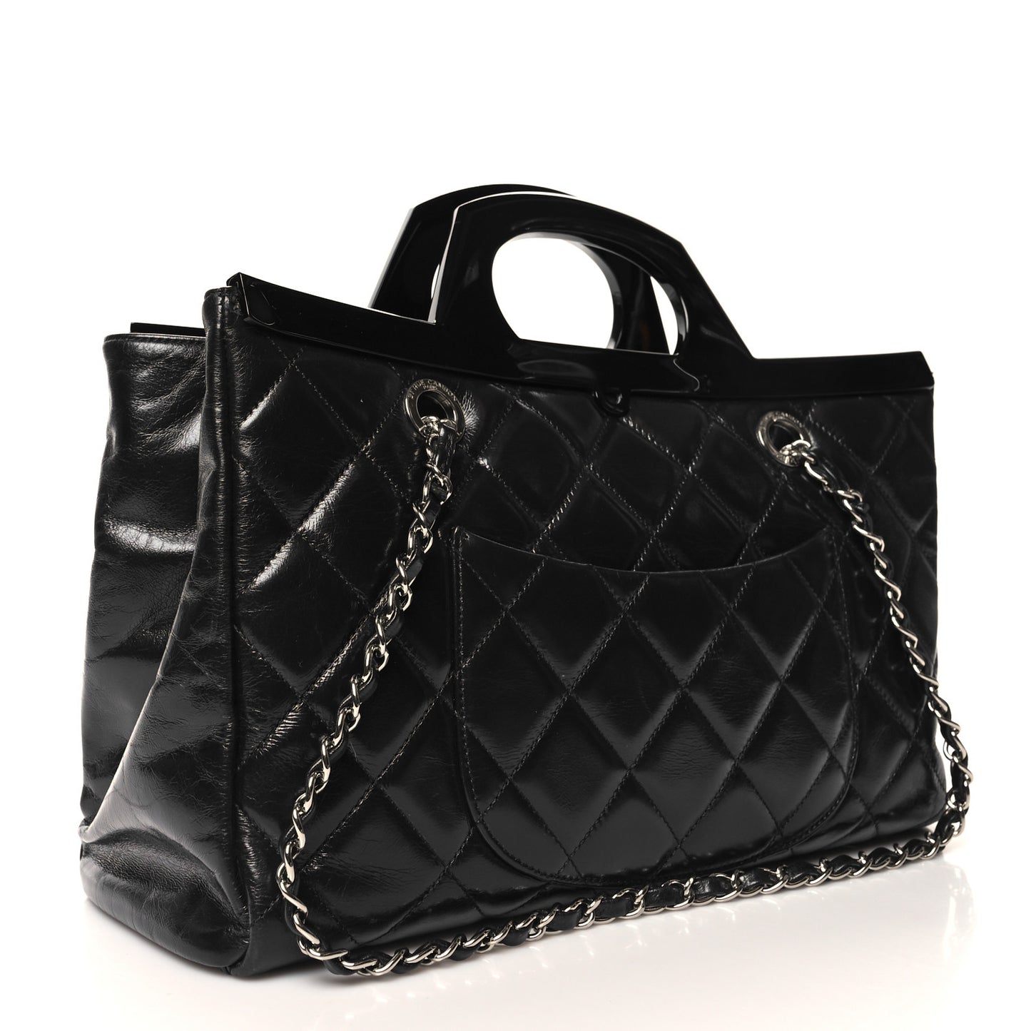 Glazed Calfskin Quilted Small CC Delivery Tote Black