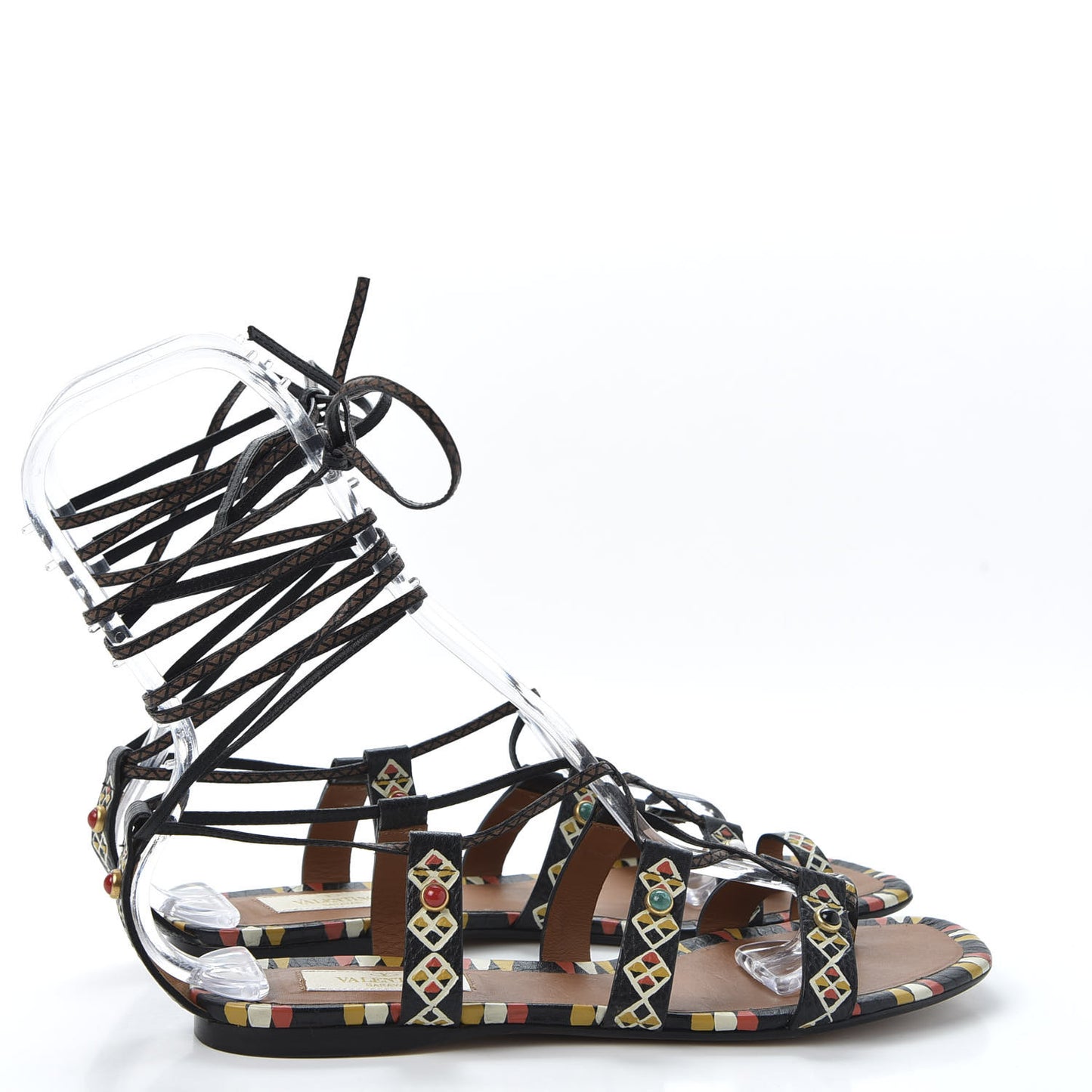 Calfskin Primitive Print Gladiator Sandals 38 Black Multi