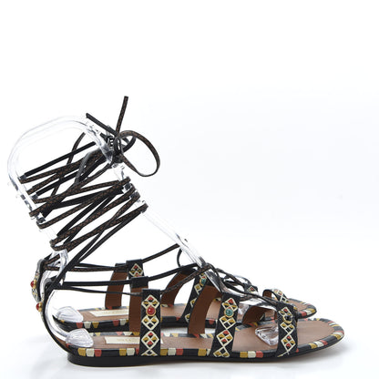 Valentino Garavani Calfskin Primitive Print Gladiator Sandals 38 Black Multi 4 of 8