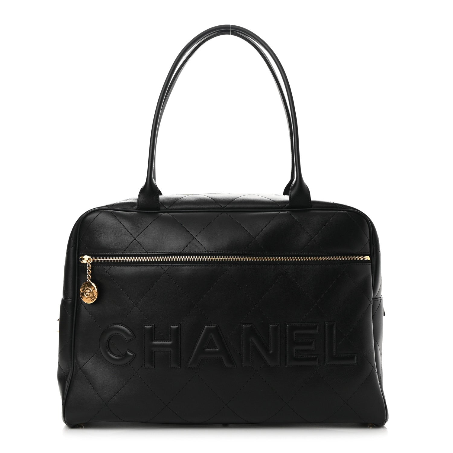 Chanel Calfskin Stitched Maxi Logo Bowling Bag Black 1 of 9