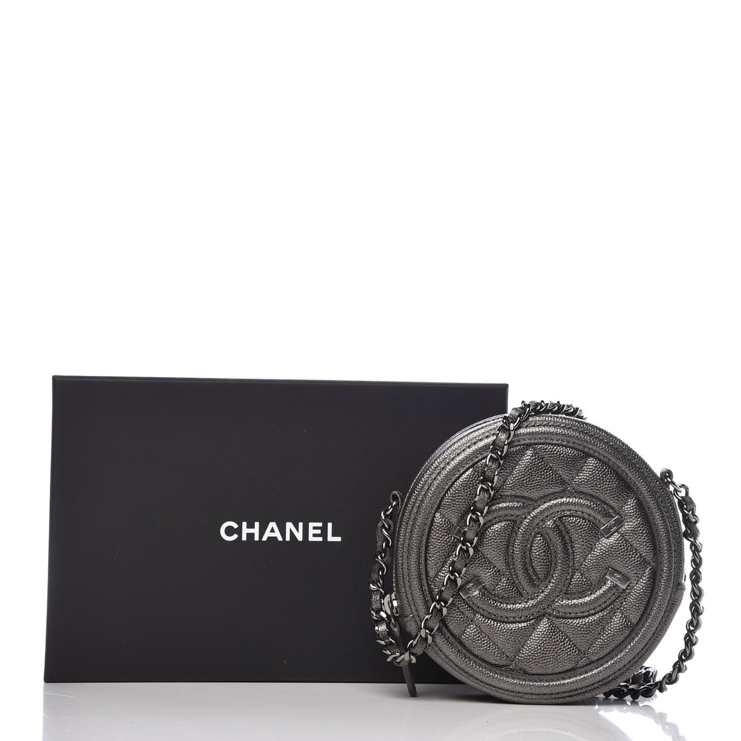 Metallic Caviar Quilted Round Filigree Crossbody Dark Silver