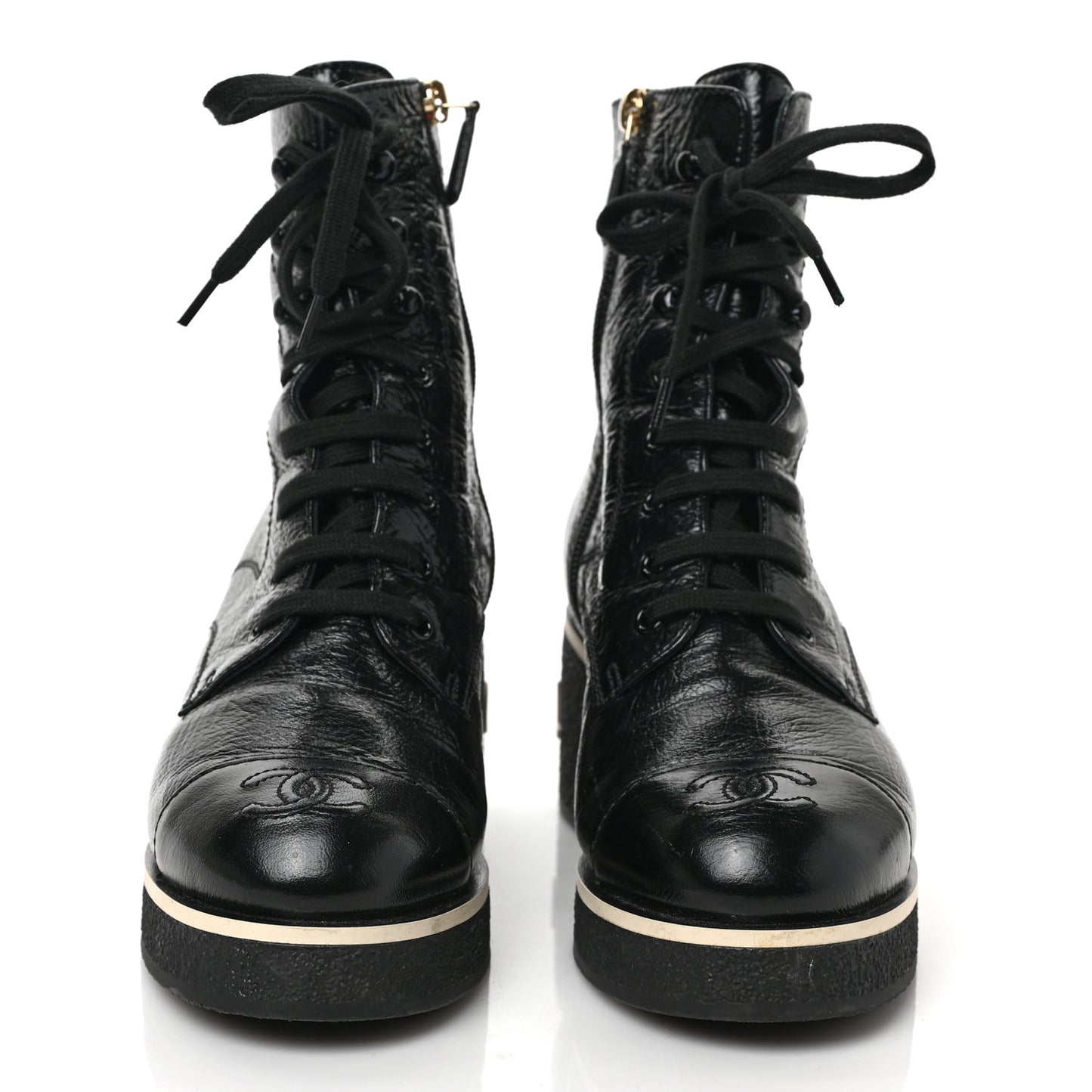 Shiny Crumpled Lambskin Lace Up Combat Boots 38 Black