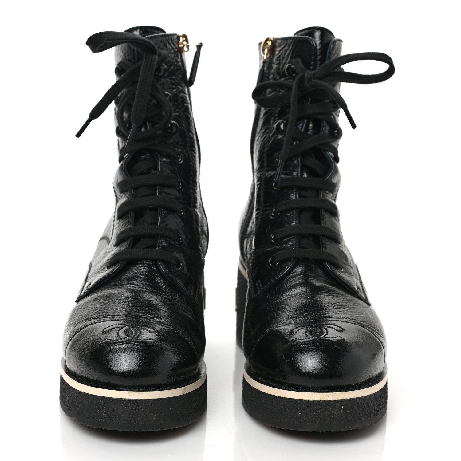 Chanel Shiny Crumpled Lambskin Lace Up Combat Boots 38 Black 2 of 8