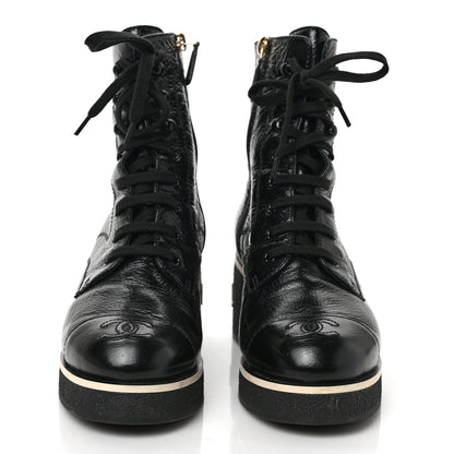 Chanel Shiny Crumpled Lambskin Lace Up Combat Boots 38 Black 2 of 8