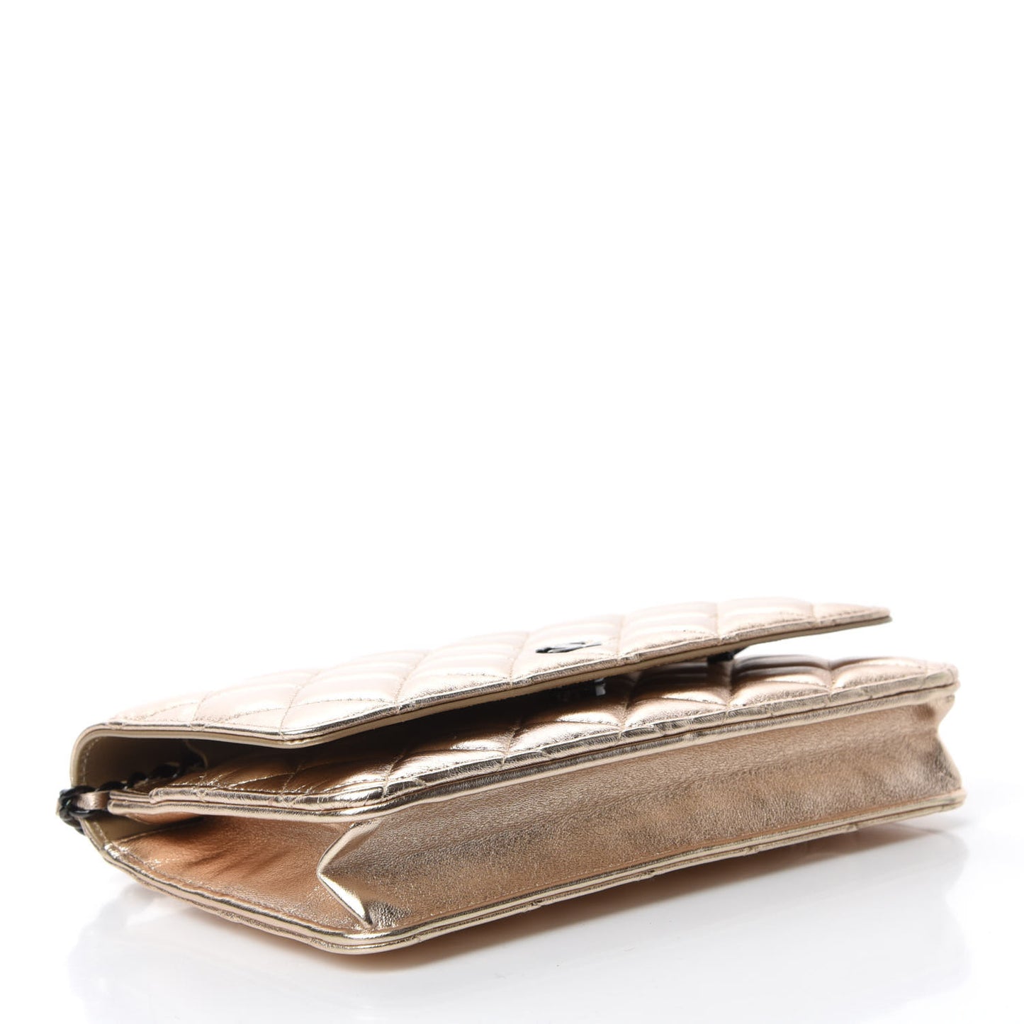 Metallic Lambskin Quilted Wallet On Chain WOC Gold Black