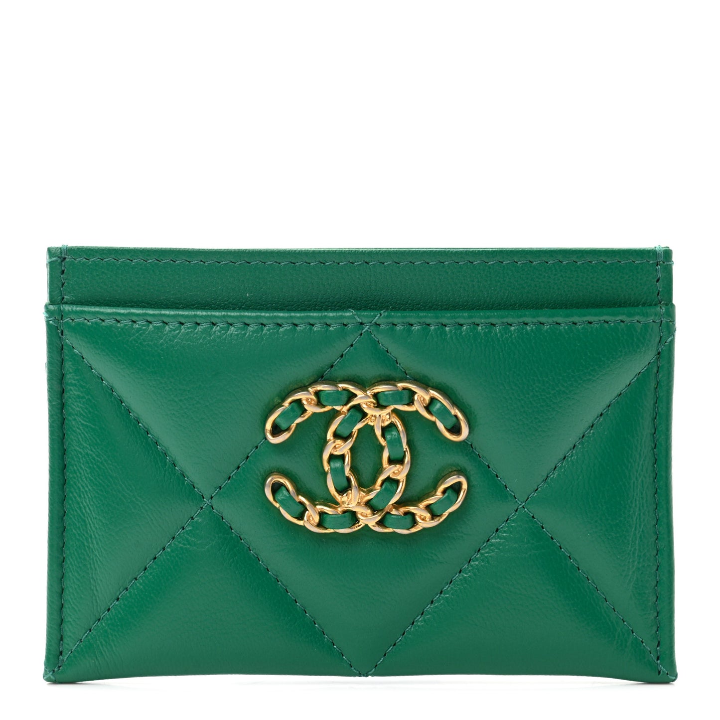 Lambskin Quilted Chanel 19 Card Holder Green