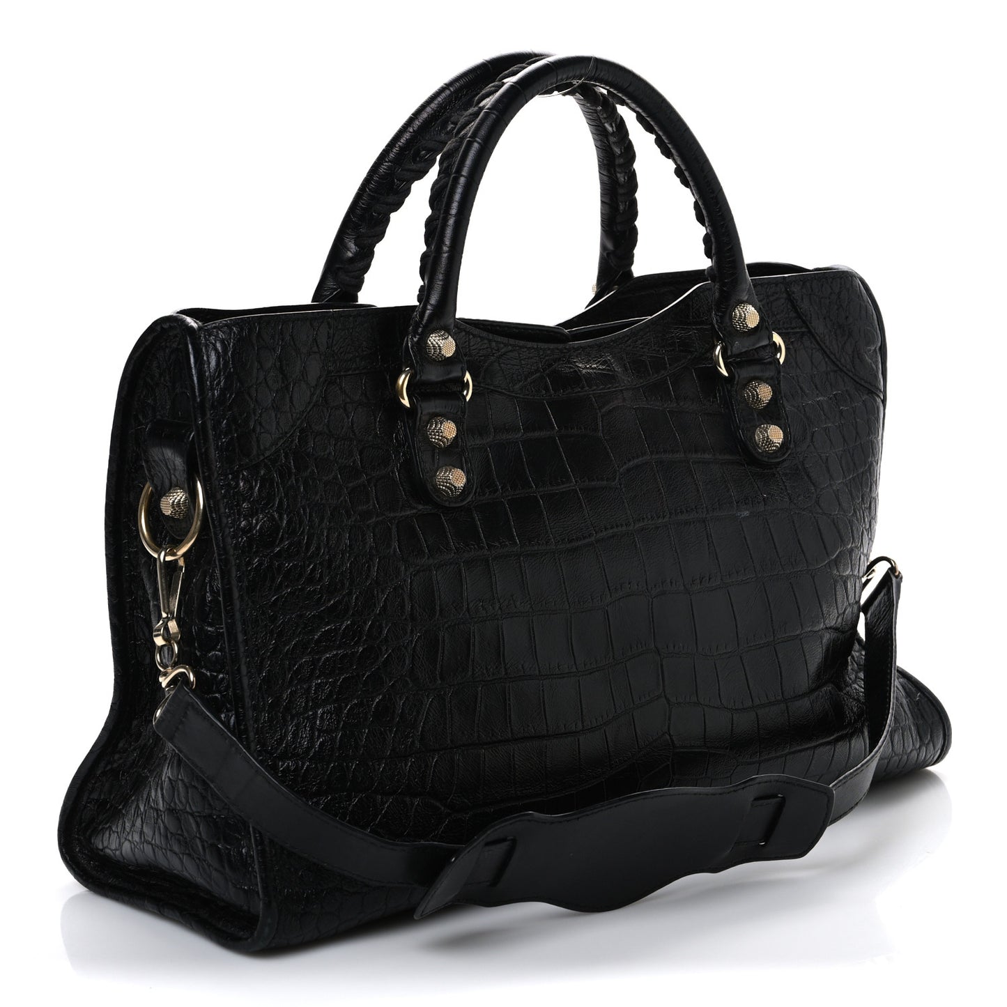 Calfskin Crocodile Embossed Giant 12 Gold Hardware City Black