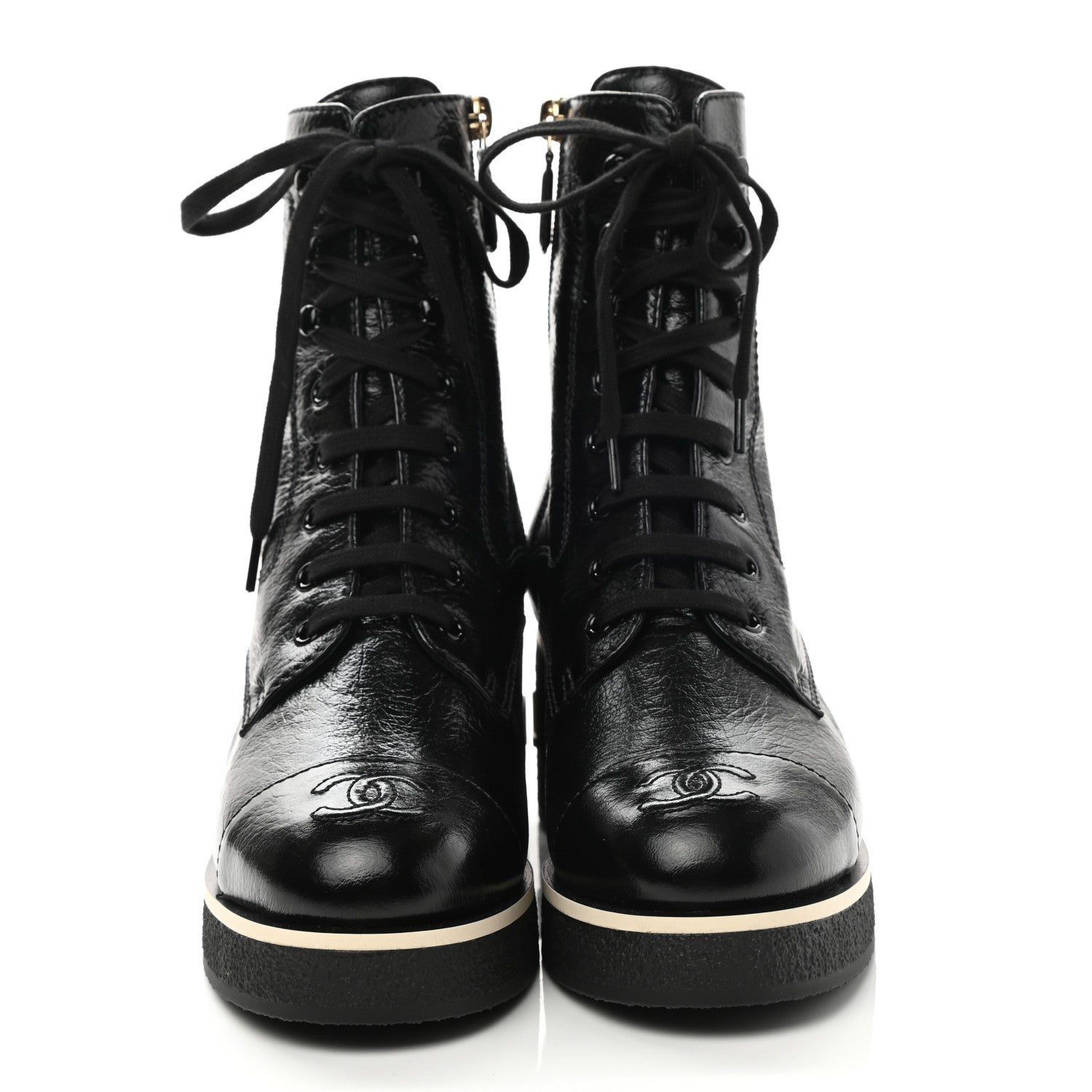 Chanel Shiny Crumpled Lambskin Lace Up Combat Boots 38 Black 2 of 9