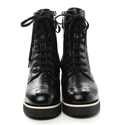 Chanel Shiny Crumpled Lambskin Lace Up Combat Boots 38 Black 2 of 9
