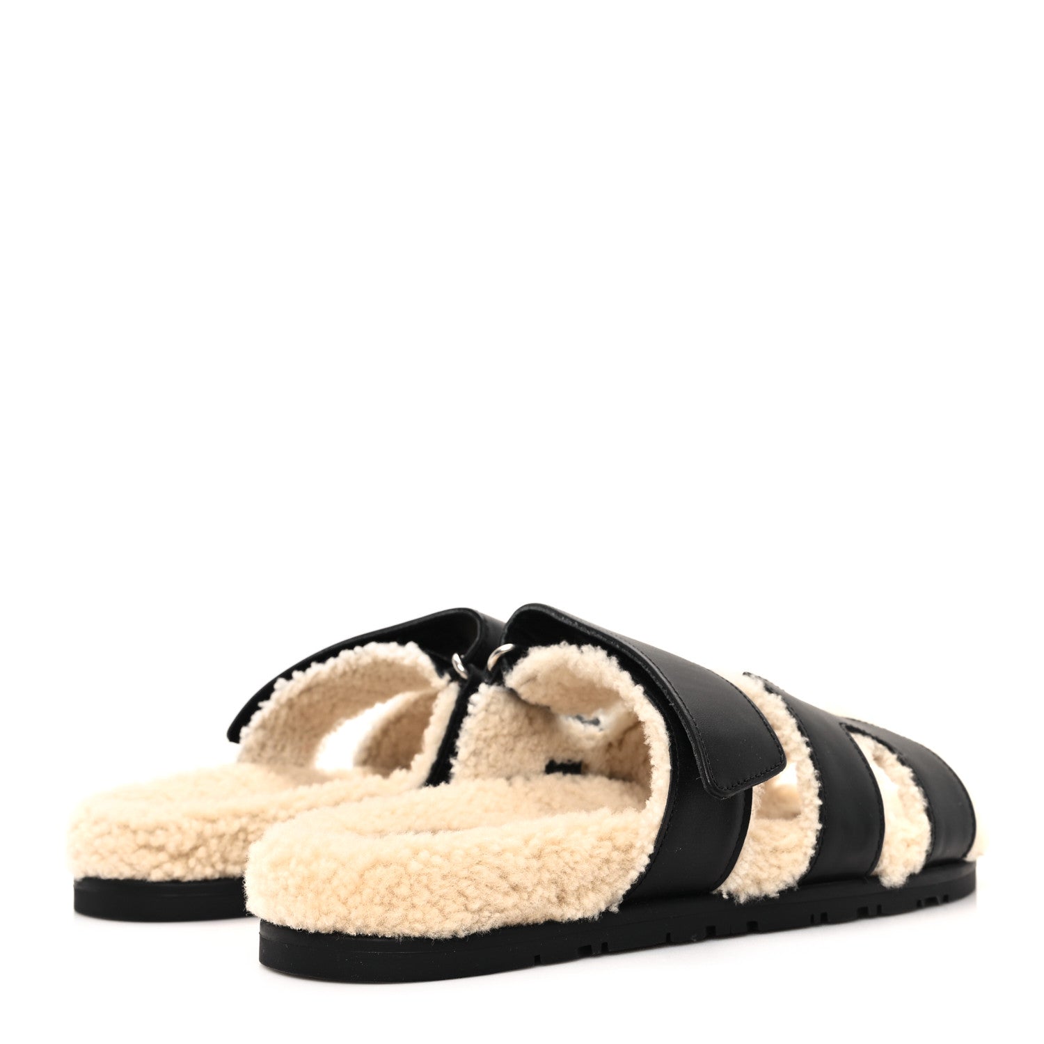 Hermes Calfskin Woolskin Womens Chypre Sandals 38 Black Ecru 5 of 9