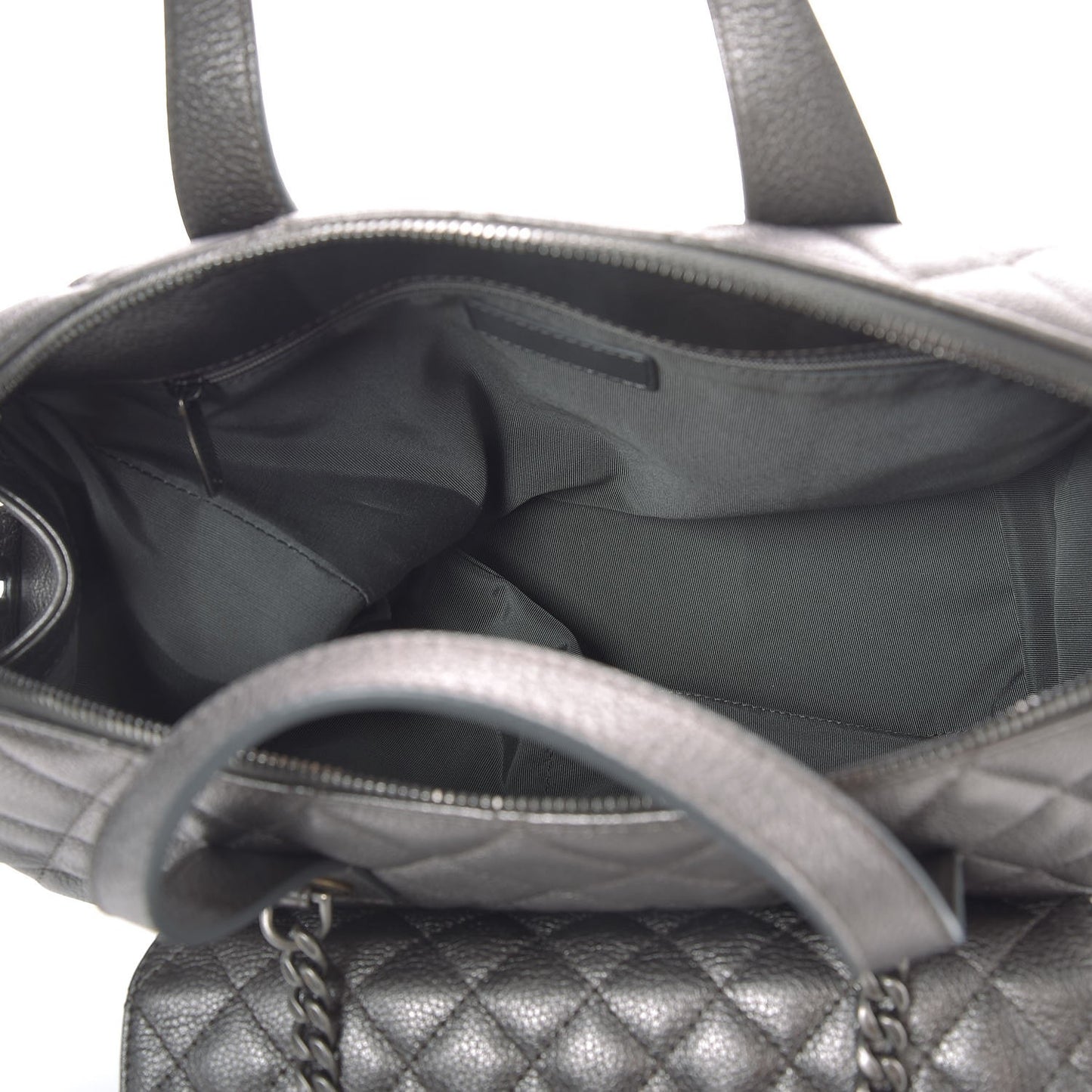 Metallic Grained Calfskin Quilted Large Casual Pocket Bowling Bag Silver