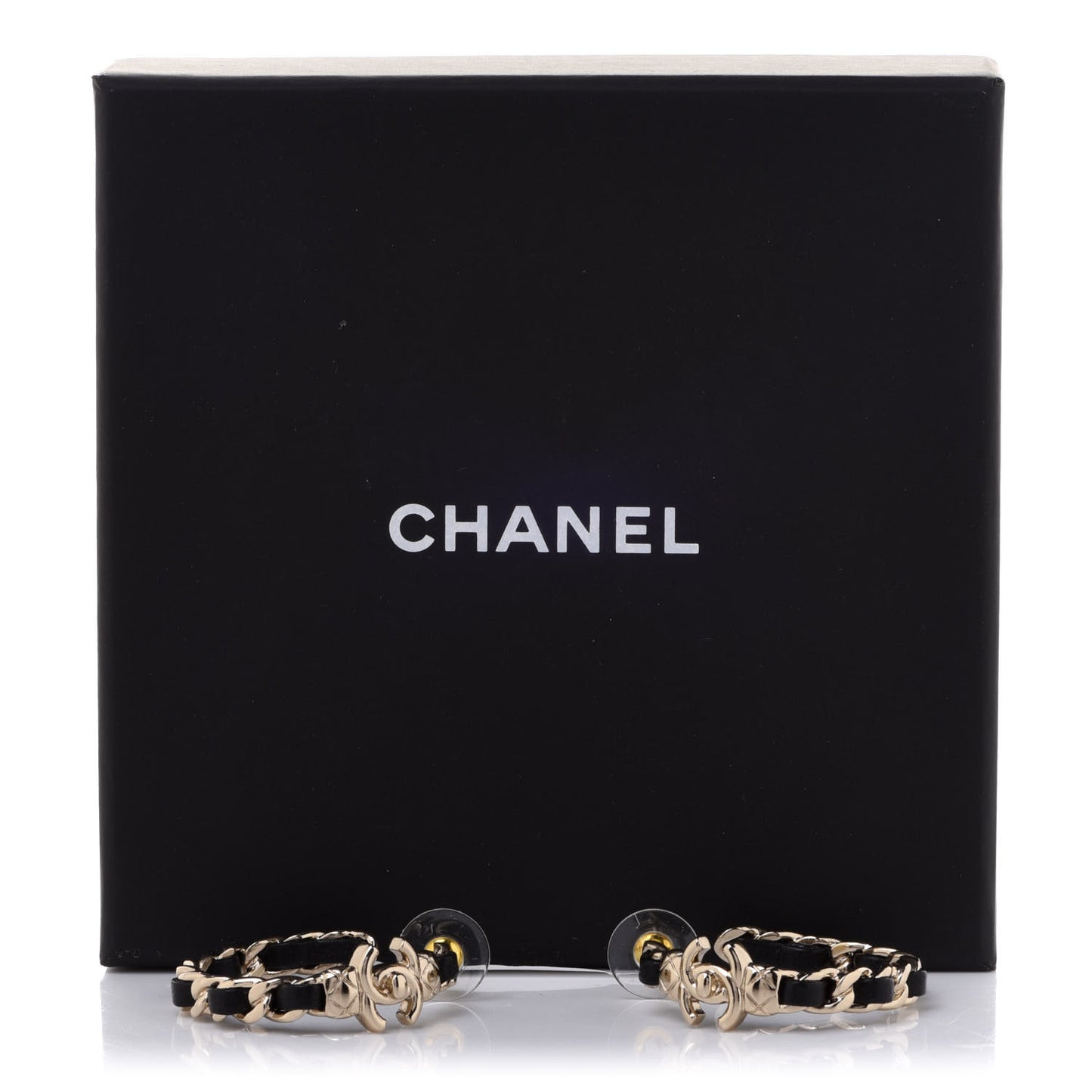 Metal Lambskin Quilted CC Turnlock Chain Hoop Earrings Gold Black