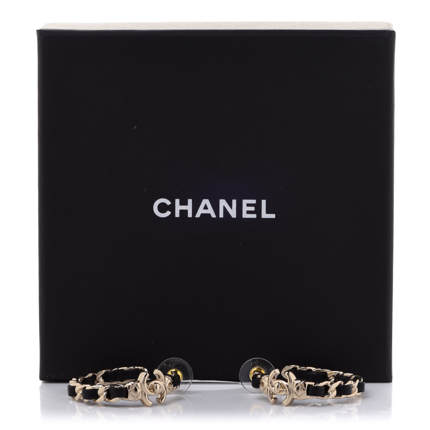 Chanel Metal Lambskin Quilted CC Turnlock Chain Hoop Earrings Gold Black 5 of 5