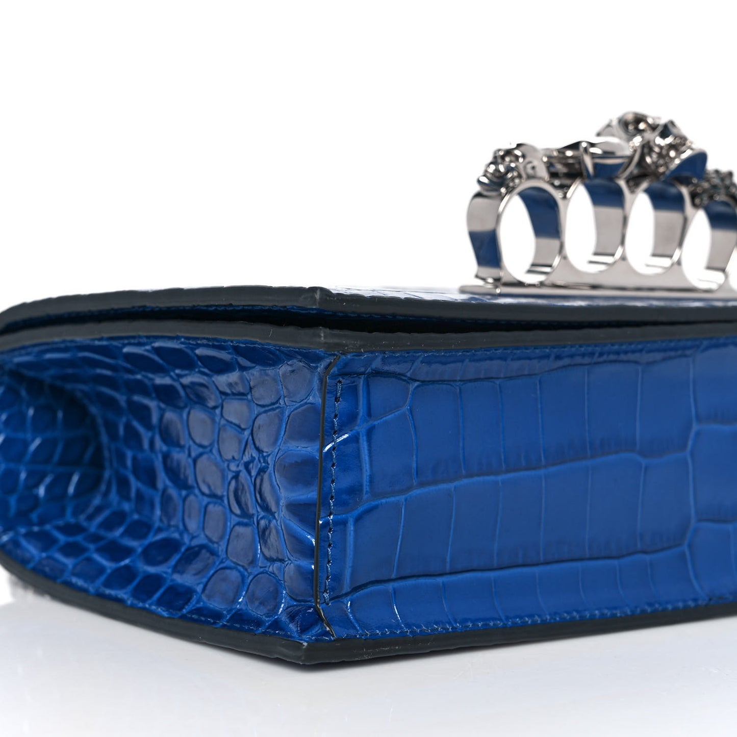 Shiny Crocodile Embossed Jeweled Satchel Industrial Blue