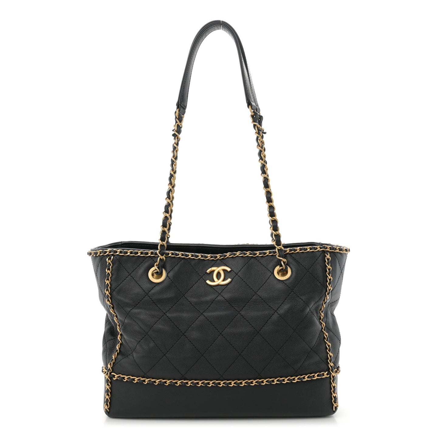 Calfskin Quilted Chain Lines Shopping Tote Black