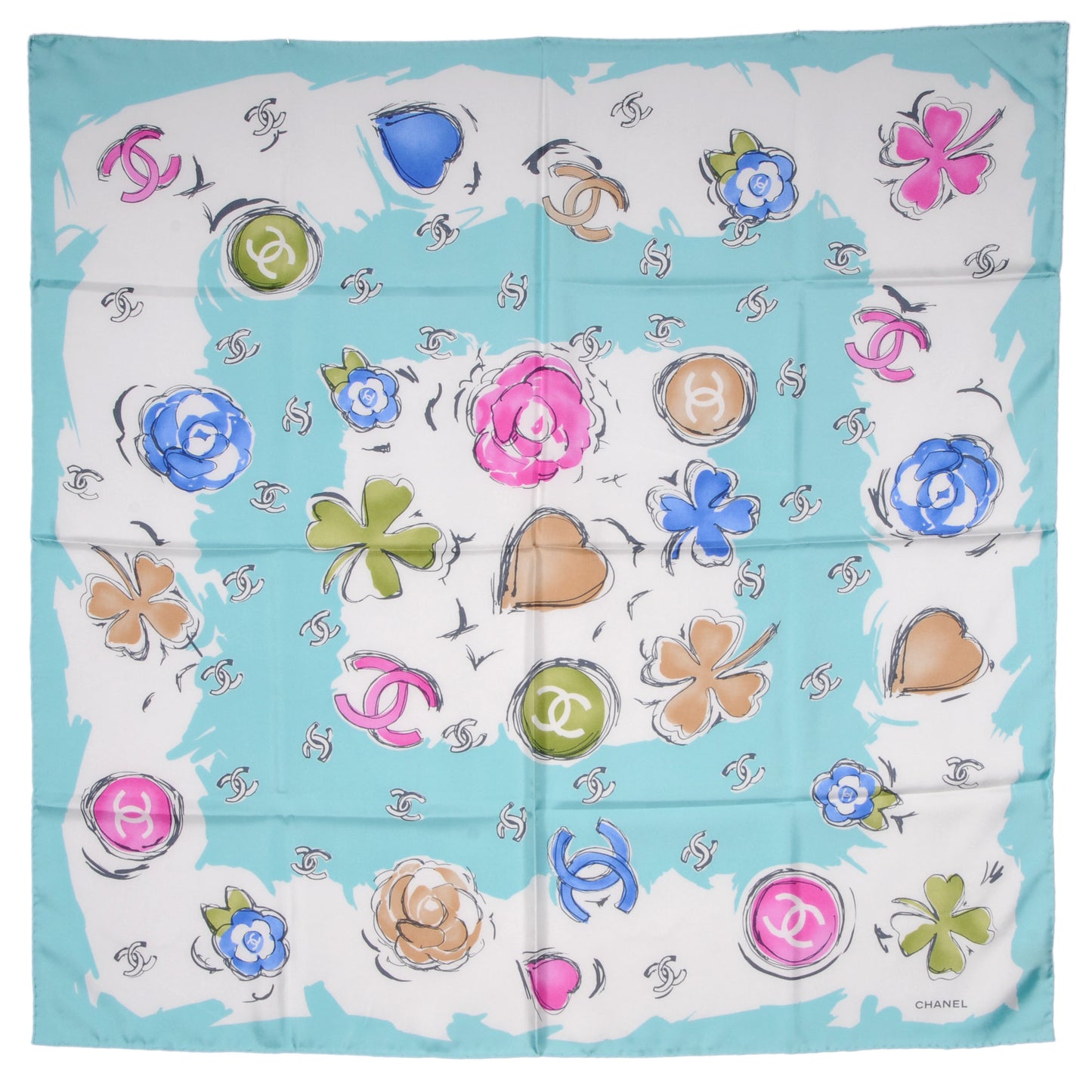 Silk CC Camellia Clover Heart Scarf Blue