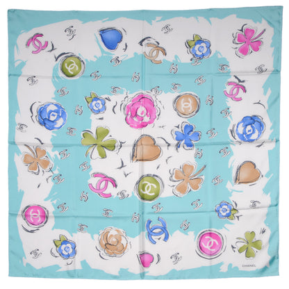 Chanel Silk CC Camellia Clover Heart Scarf Blue 2 of 5