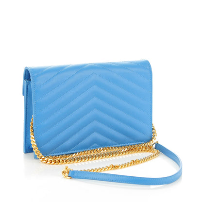 Saint Laurent Grain De Poudre Matelasse Chevron Monogram Envelope Chain Wallet Blue Clair 3 of 7