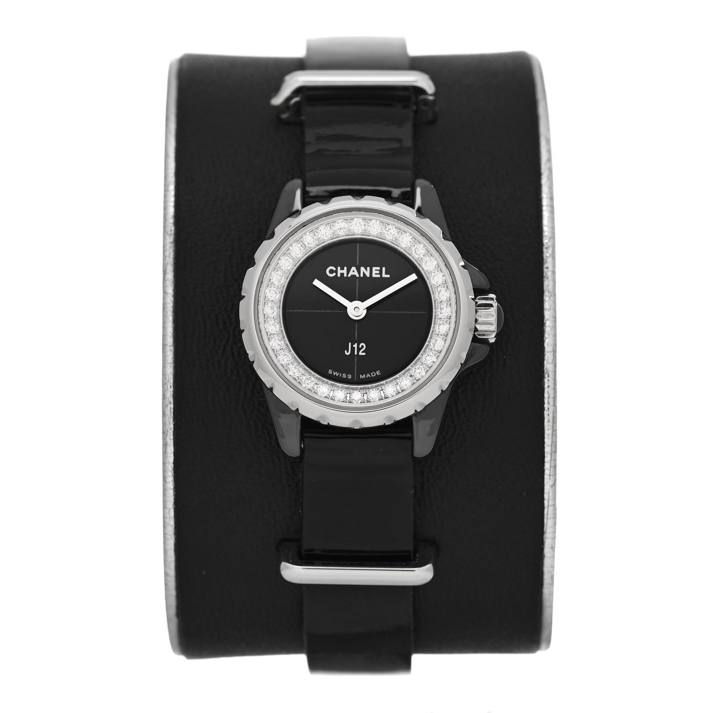 Stainless Steel Calfskin Diamond Bezel 19mm J12 Quartz Watch Black