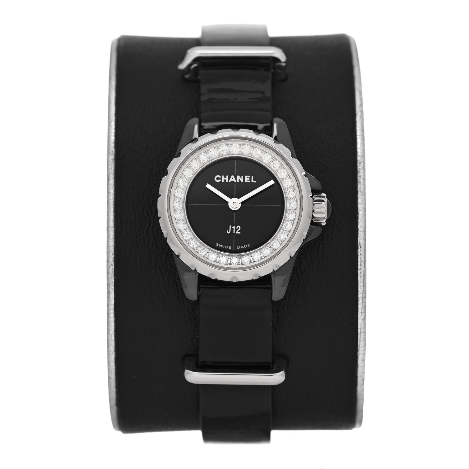 Chanel Stainless Steel Calfskin Diamond Bezel 19mm J12 Quartz Watch Black 1 of 5