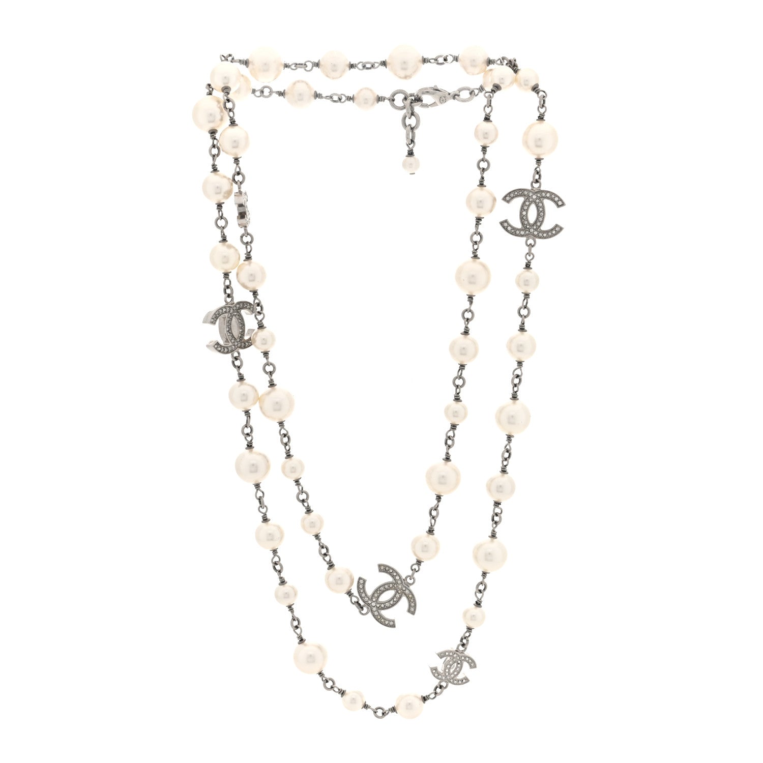 Chanel Crystal Pearl CC Long Necklace Silver 3 of 4