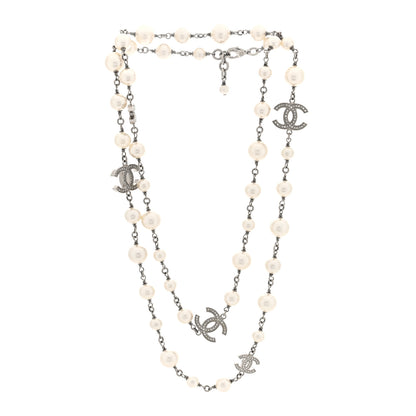 Chanel Crystal Pearl CC Long Necklace Silver 3 of 4