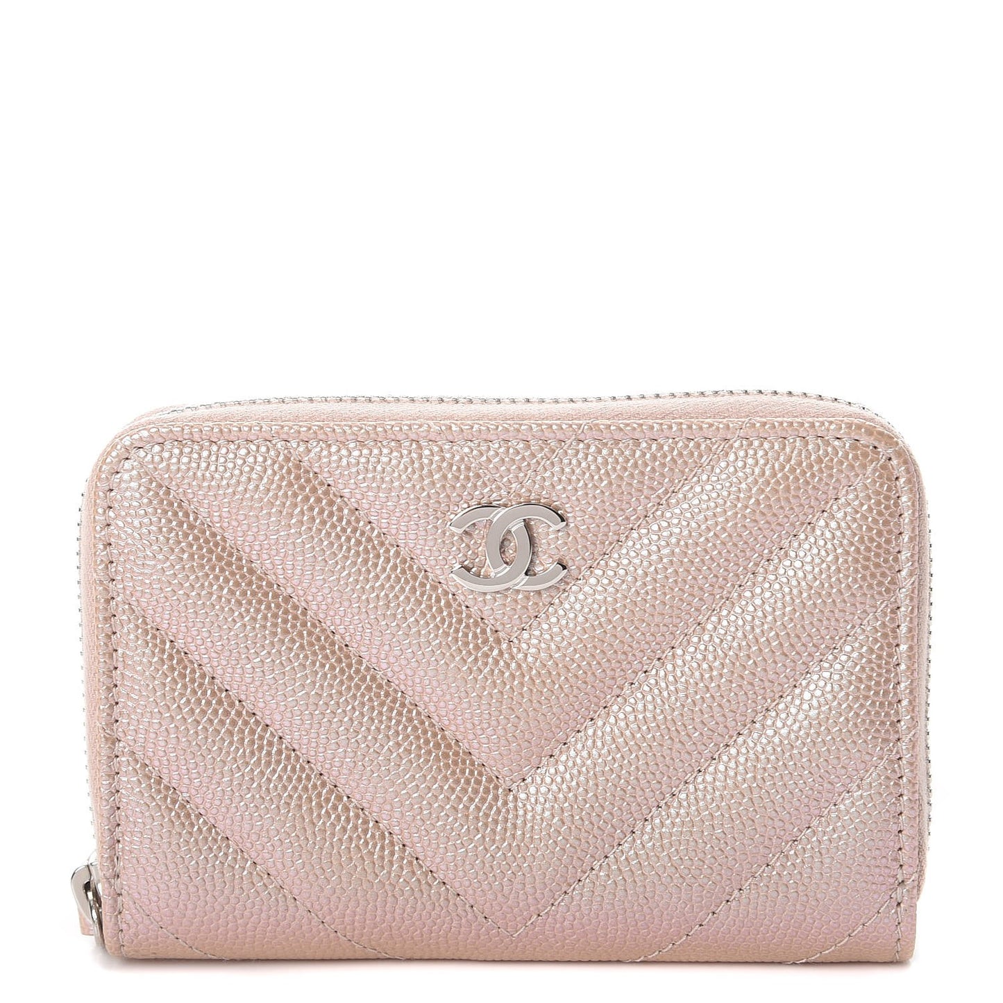 Metallic Caviar Chevron Quilted Zip Around Coin Purse Light Gold